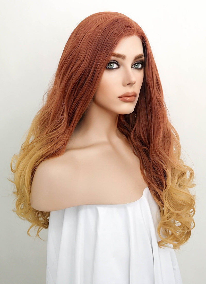 Light Auburn Yellow Blonde Ombre Wavy Lace Front Synthetic Wig