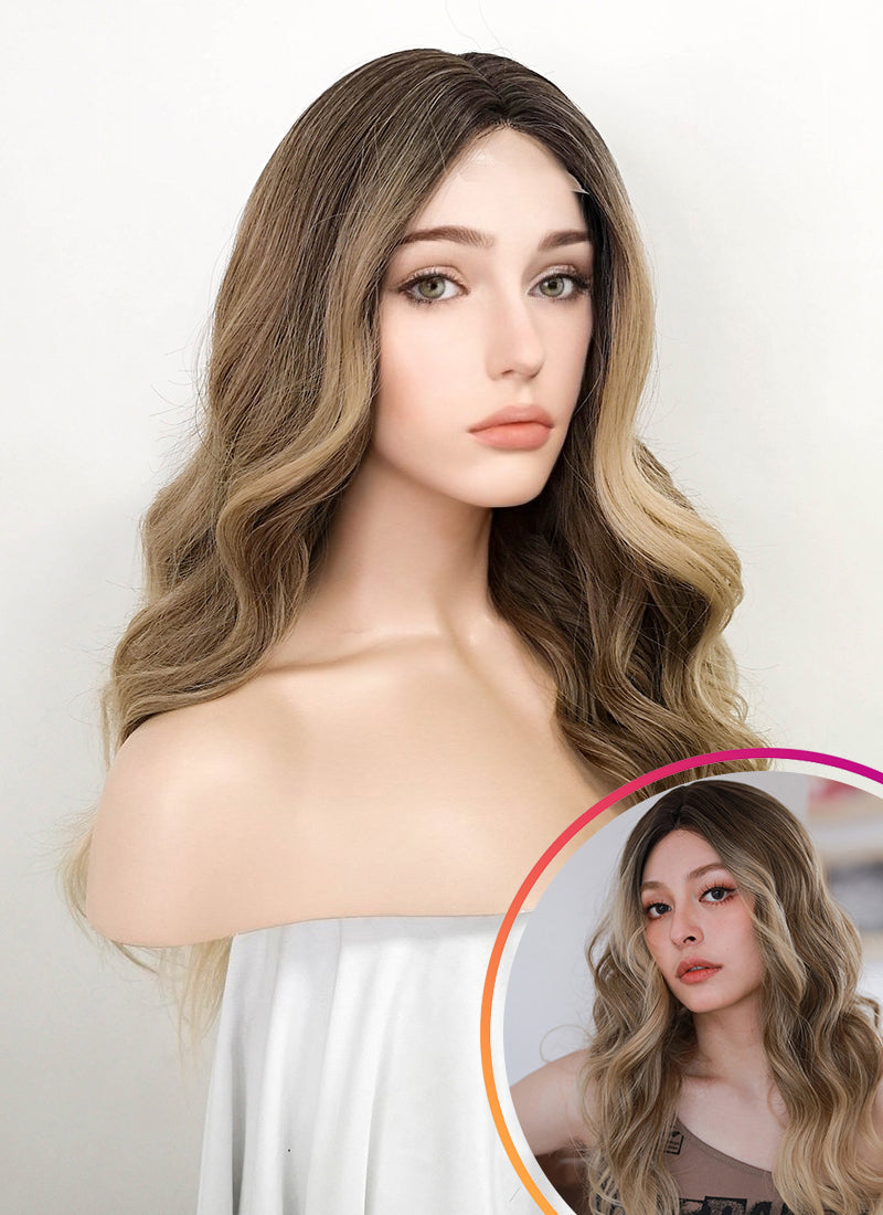 Brown Blonde Ombre With Dark Roots Wavy Synthetic Wig NL058