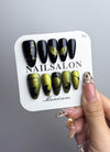 Black with Green Cat-Eye & Green with Black Cat Motif Almond Handmade Press-On Nails NF055