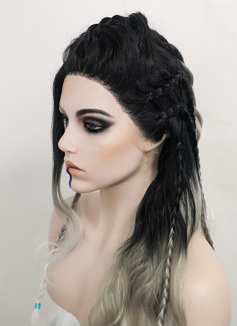 Critical Role Yasha Nydoorin Black Grey White Ombre Braided Lace Front Synthetic Wig LF2121