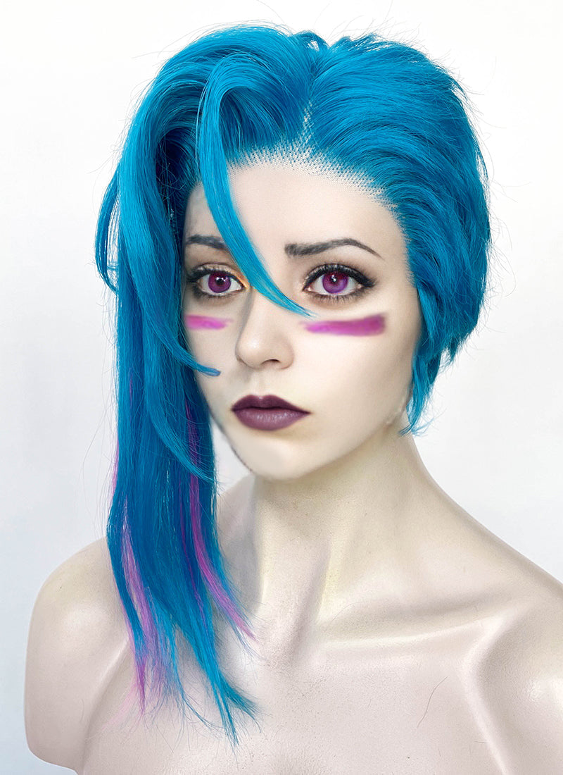 League of Legends LOL Arcane Jinx Turquoise Blue Mixed Pink Straight Lace Front Synthetic Wig LF6097