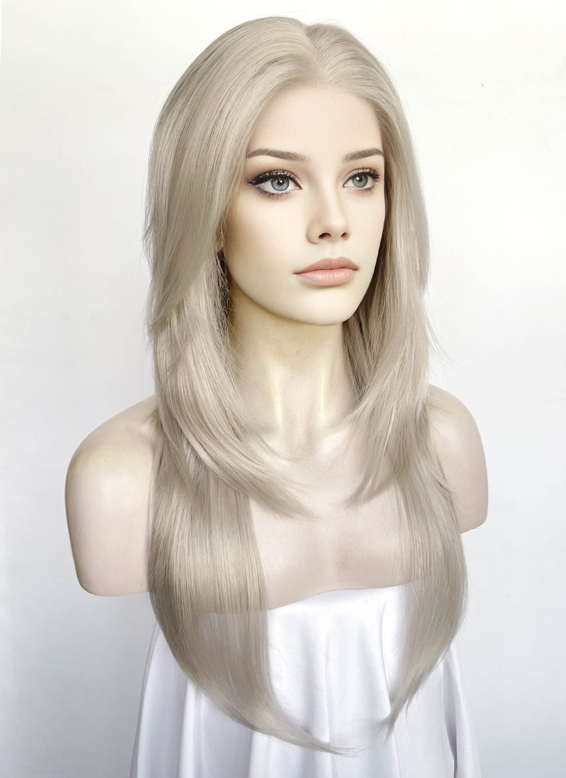 Pastel Blondish Grey Curtain Bangs Straight Lace Front Synthetic Wig LF8028