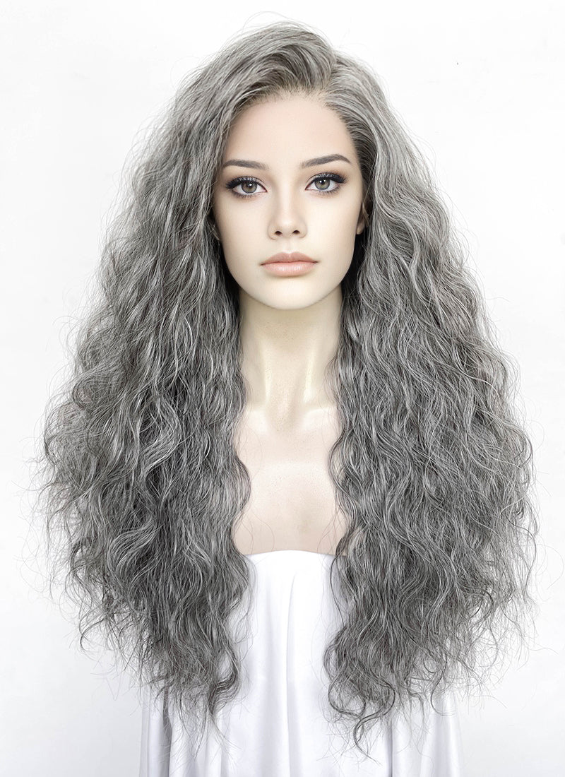 Mixed Dark Grey Curly Lace Front Synthetic Wig LFK5571