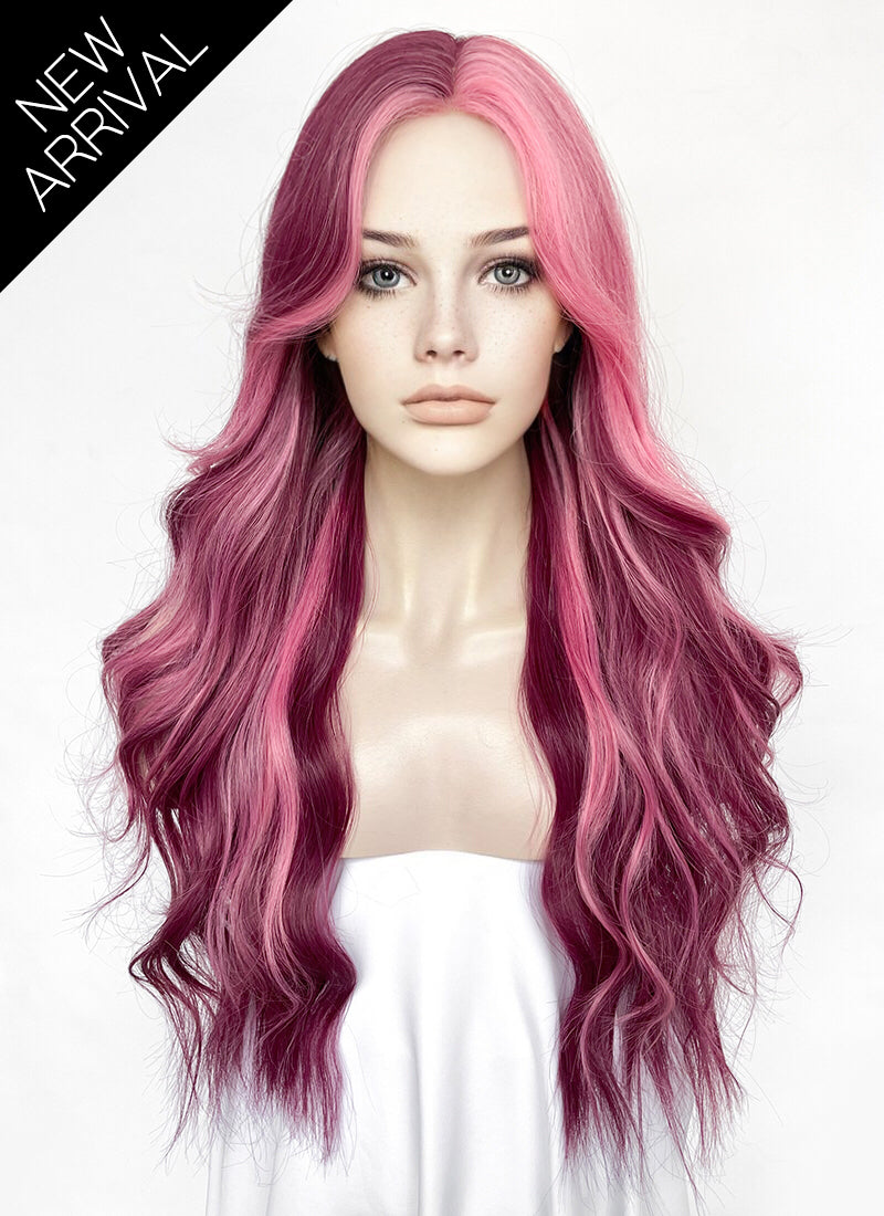 Purple With Pink Highlights Wavy Synthetic Wig NL088