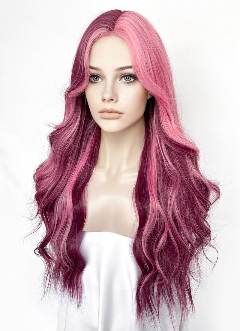 Purple With Pink Highlights Wavy Synthetic Wig NL088