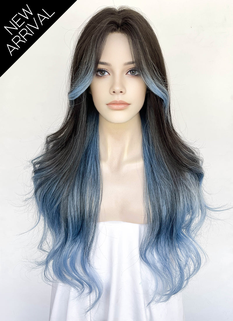 Brunette Mixed Light Blue Wavy Synthetic Hair Wig NL092