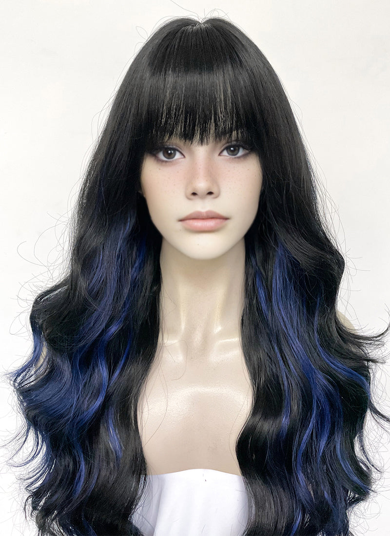 Blue Mixed Black Wavy Synthetic Hair Wig NS570