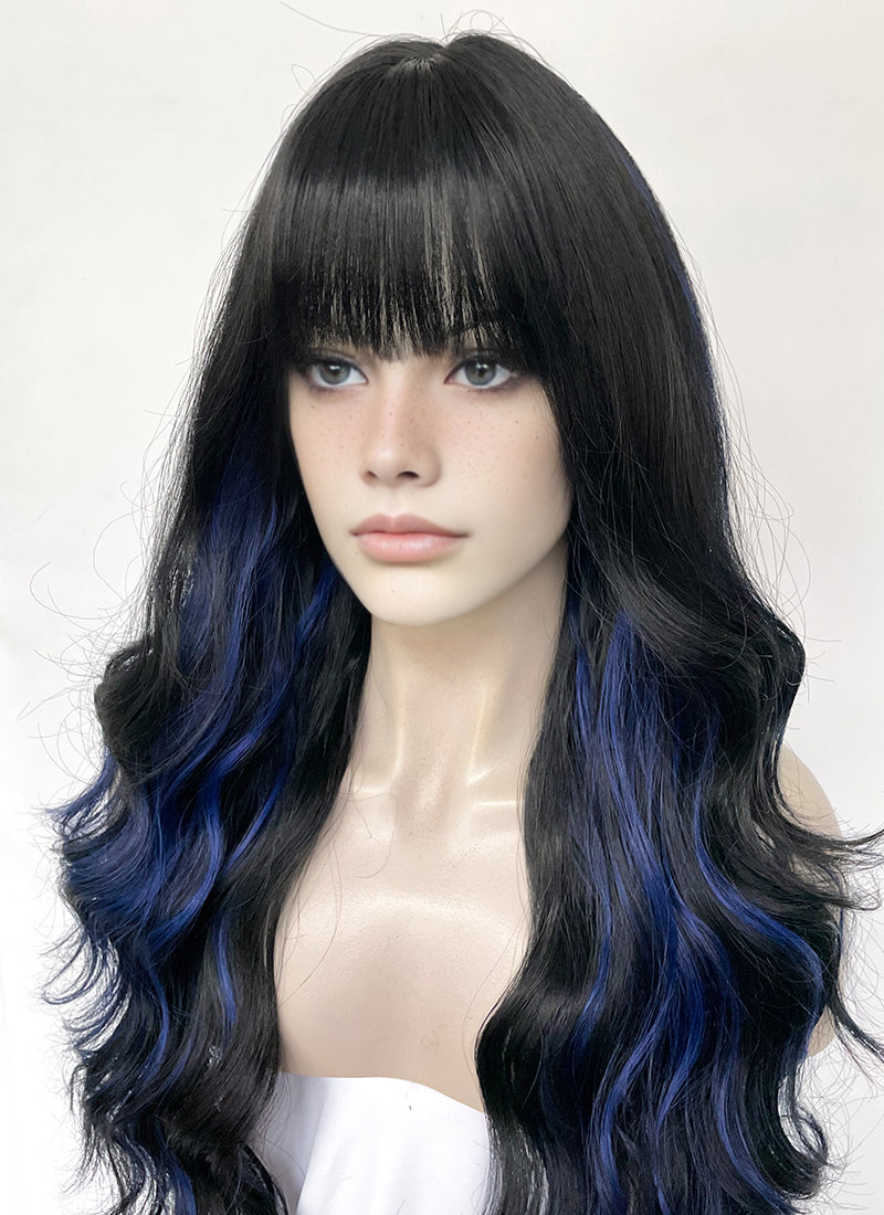 Blue Mixed Black Wavy Synthetic Hair Wig NS570