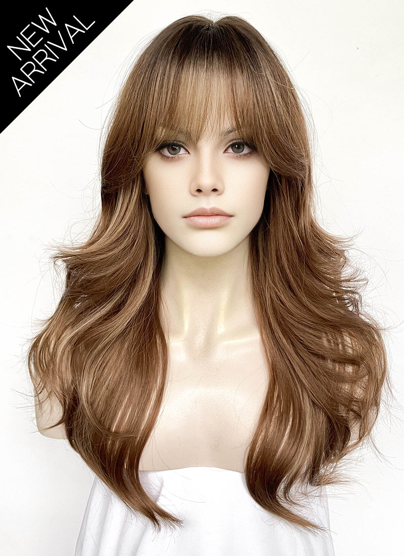 Brown Mixed Blonde With Dark Roots Wavy Synthetic Hair Wig NS592