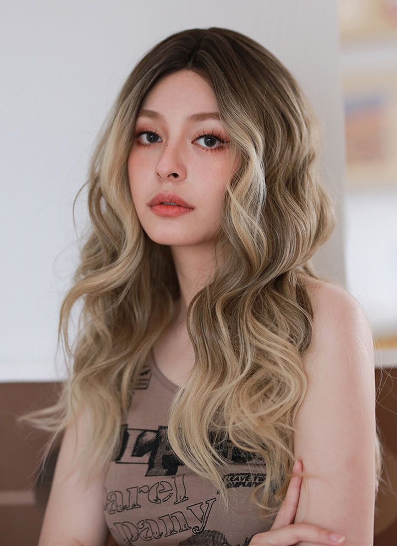 Brown Blonde Ombre With Dark Roots Wavy Synthetic Wig NL058