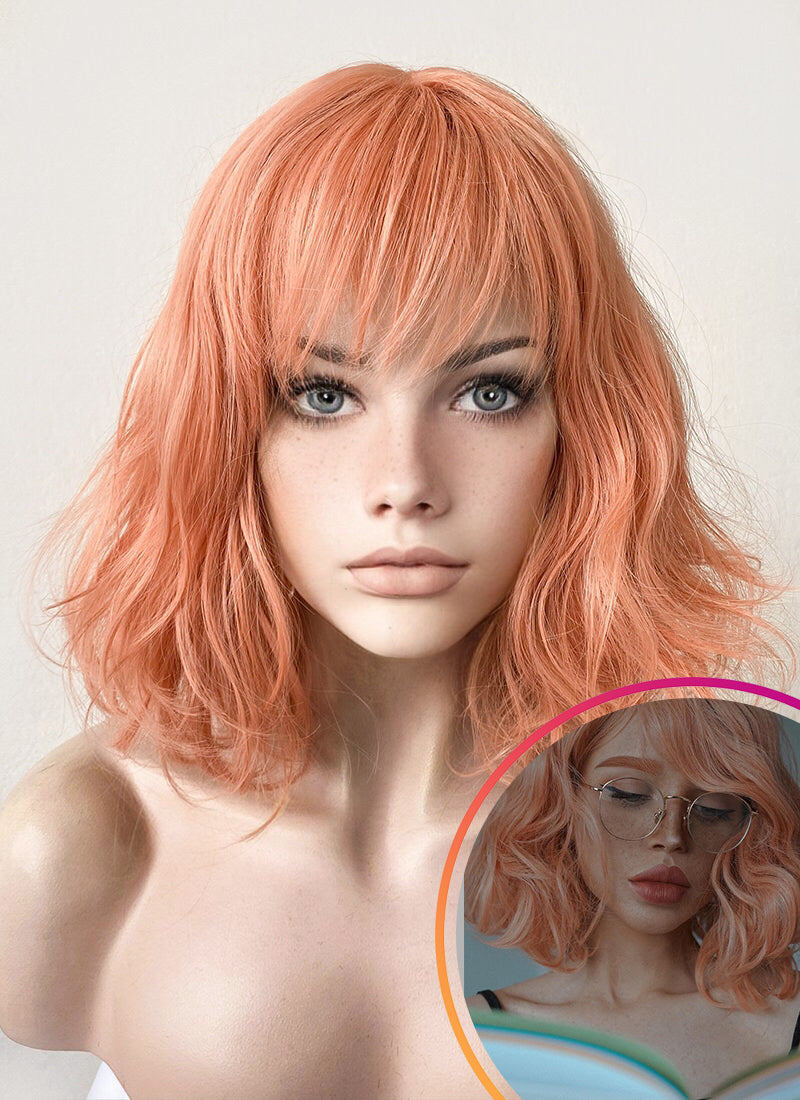 Pastel Peach Pink Wavy Bob Synthetic Wig CM197 – wigisfashion-au