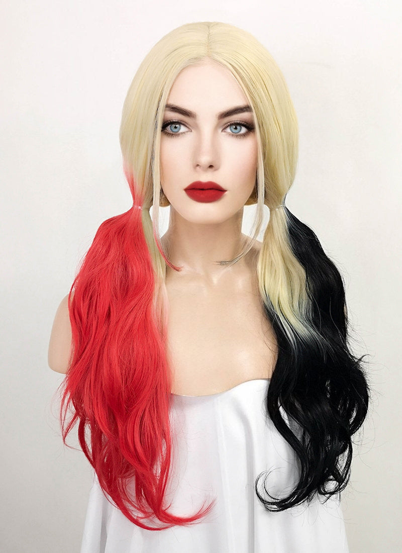 Blonde Harley Quinn Synthetic Red Black Ponytail Wavy Lace Front