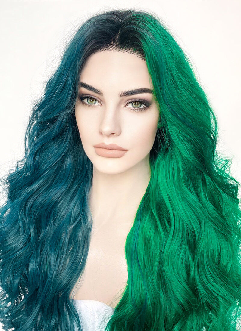 Blue Green Split Gemini Color With Dark Roots Lace Front Wig