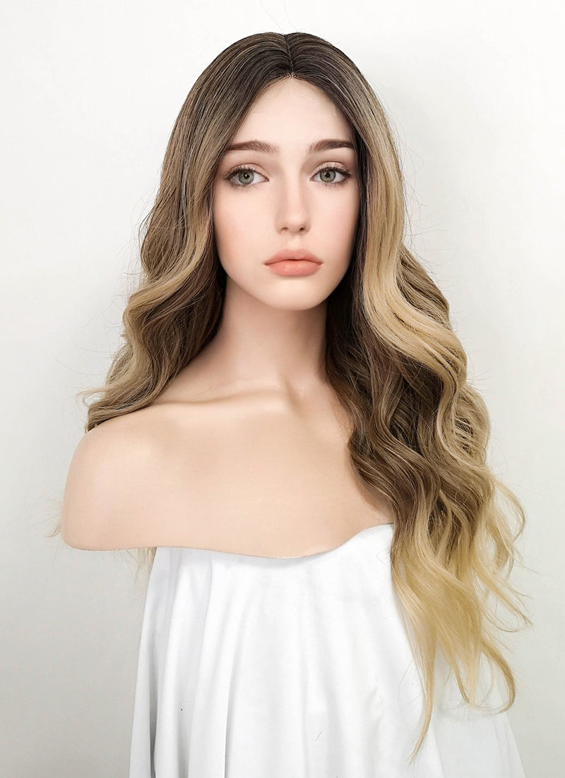 Brown Blonde Ombre With Dark Roots Wavy Synthetic Wig NL058